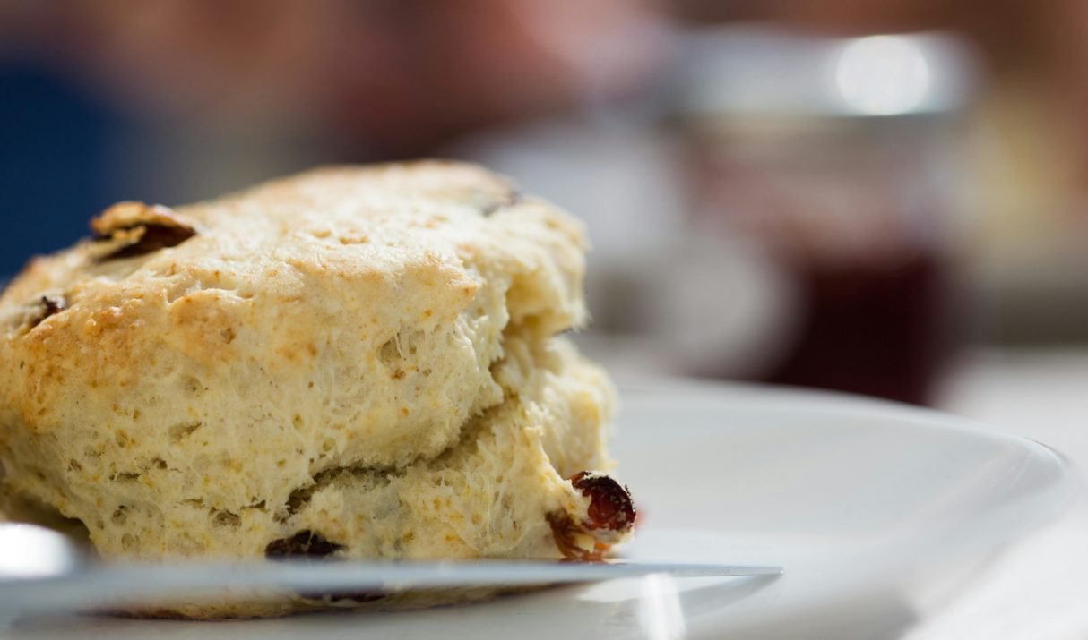 Delicious close-up of a freshly baked scone with raisins on a white plate.